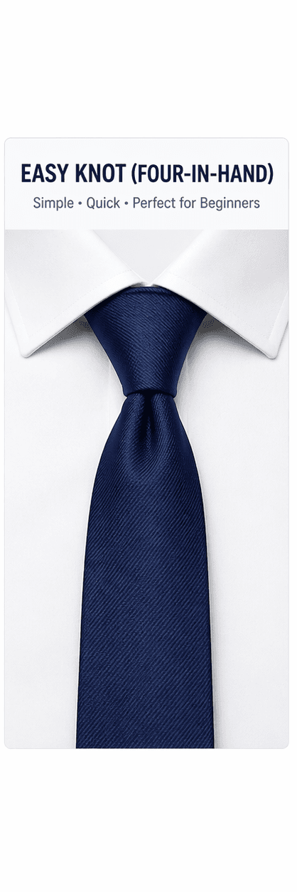 Four-in-Hand (Easy) knot tied on a white dress shirt — Simple, Quick, Perfect for Beginners