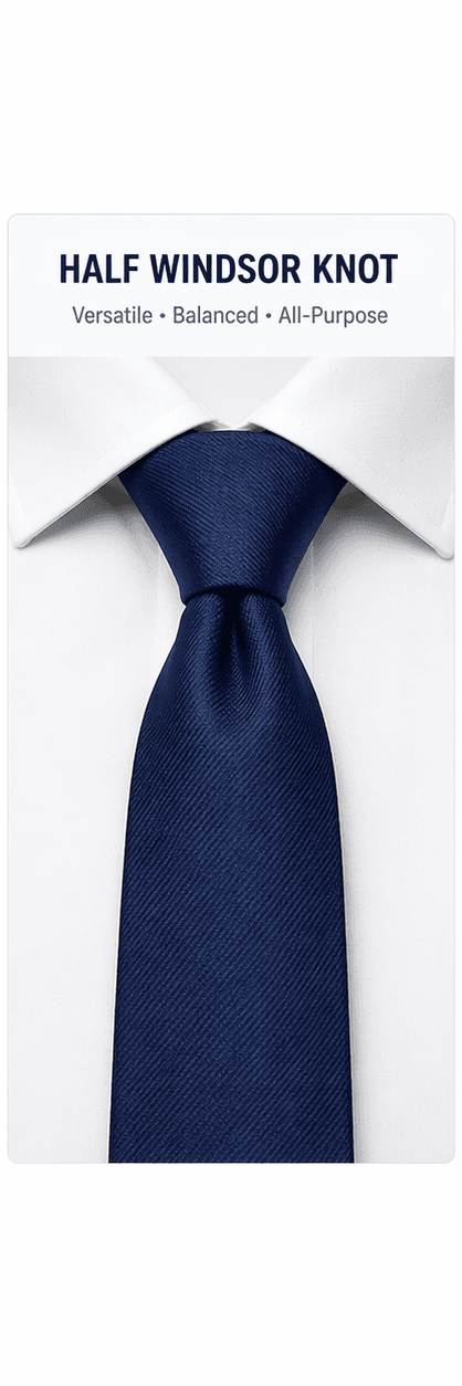 A Half Windsor knot tied neatly on a blue dress shirt